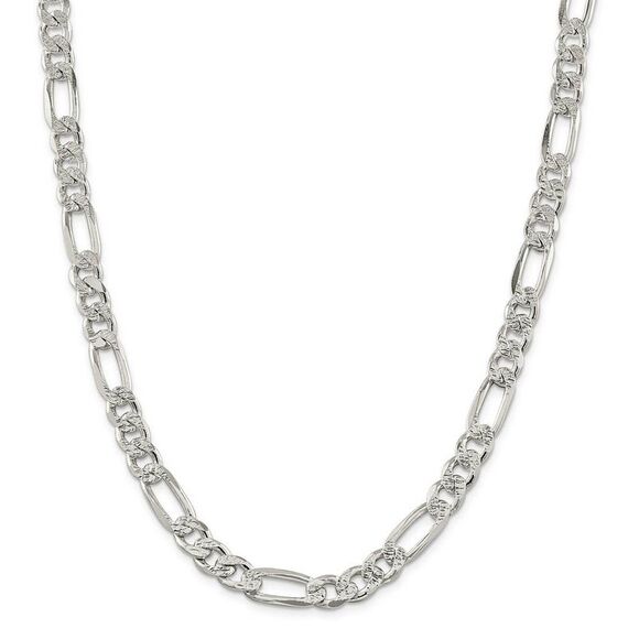 Men's 9.5mm Sterling Silver Pave Flat Figaro Chain Necklace, 22 Inch